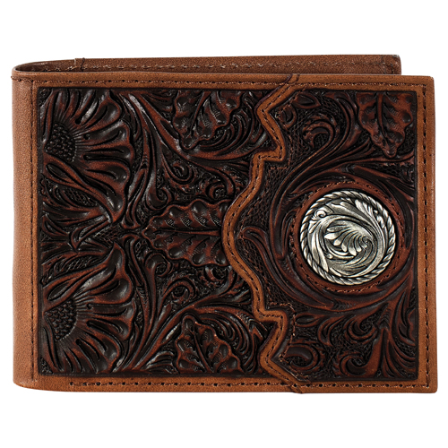 JUSTIN MENS GENUINE LEATHER BIFOLD WALLET FLORAL TOOLING W/YOKE AND ROUND CONCHO