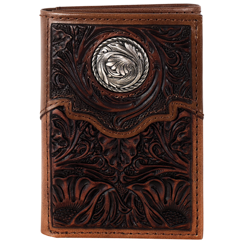 JUSTIN MENS GENUINE LEATHER TRIFOLD WALLET FLORAL TOOLING W/YOKE AND ROUND CONCHO