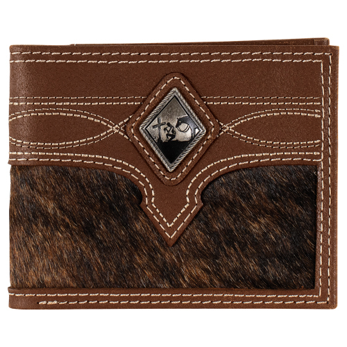JUSTIN MENS GENUINE LEATHER BIFOLD WALLET HAIR ON INLAY AND PRAYING COWBOY CONCHO