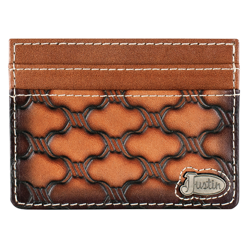 [2621816623] JUSTIN MENS GENUINE LEATHER SLIM CARD WALLET BARBED WIRE EMBOSS W/JUSTIN CONCHO