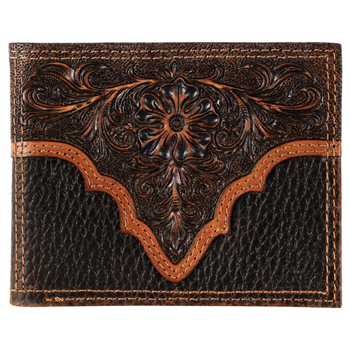 JUSTIN MENS GENUINE LEATHER BIFOLD WALLET FLORAL TOOLED YOKE
