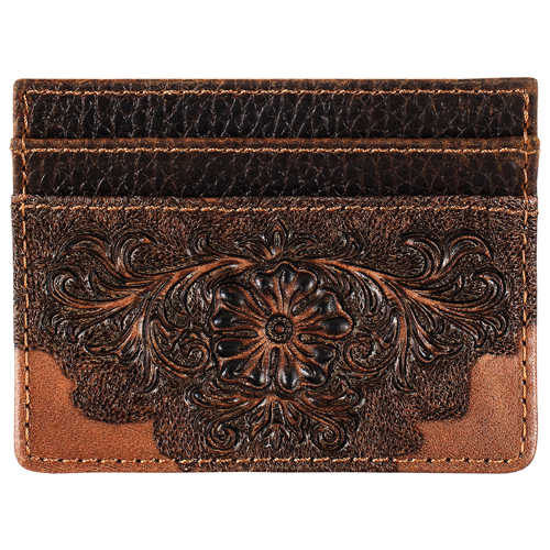JUSTIN MENS GENUINE LEATHER SLIM CARD WALLET TAN FLORAL TOOLED