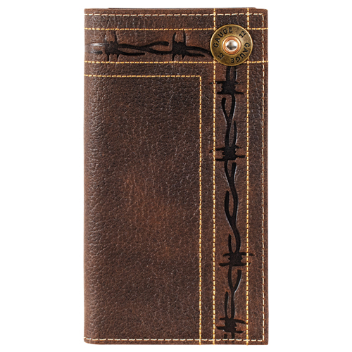 [2621815666] JUSTIN MENS GENUINE LEATHER RODEO WALLET BARBED WIRE W/12 GAUGE CONCHO