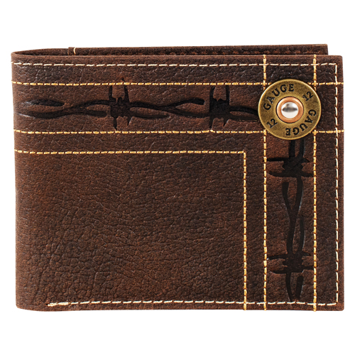 JUSTIN MENS GENUINE LEATHER BIFOLD WALLET BARBED WIRE W/12 GAUGE CONCHO