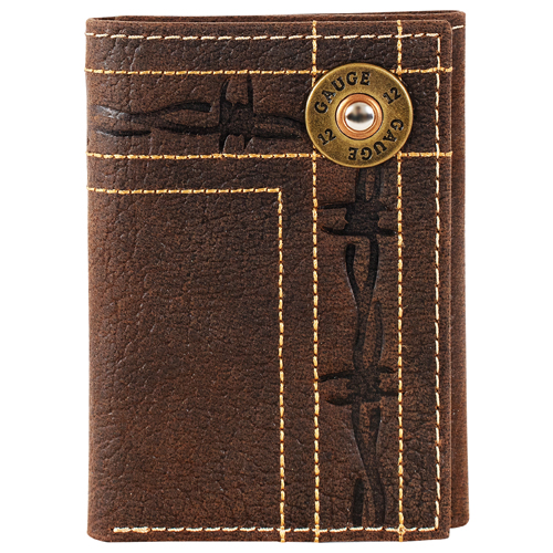 JUSTIN MENS GENUINE LEATHER TRIFOLD WALLET BARBED WIRE W/12 GAUGE CONCHO