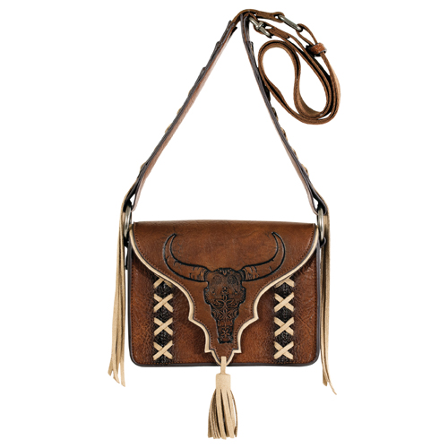 CATCHFLY LADIES SMALL CROSSBODY TAN W/STEER SKULL AND TASSEL