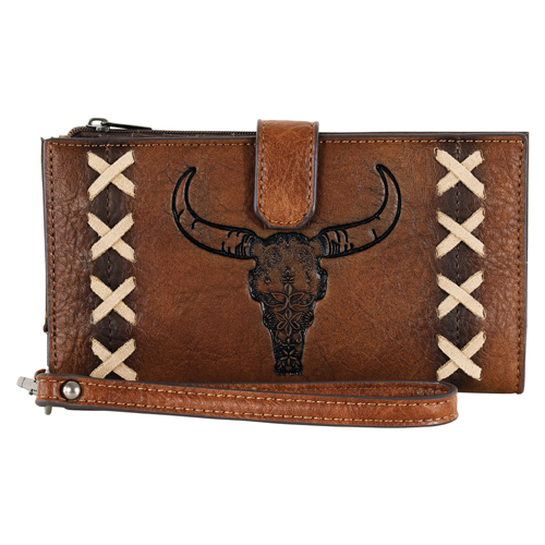 CATCHFLY LADIES WALLET TAN W/STEER SKULL AND X STITCH