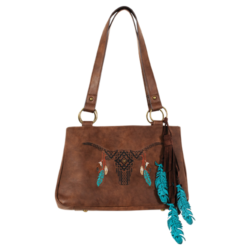 CATCHFLY LADIES SATCHEL BROWN W/SOUTHWESTERN STEER SKULL AND FEATHER TASSEL