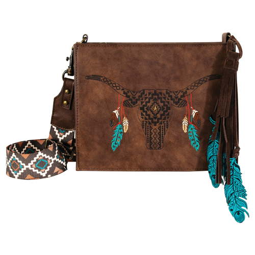 CATCHFLY LADIES SMALL CROSSBODY BROWN W/SOUTHWESTERN STEER SKULL AND FEATHER TASSEL