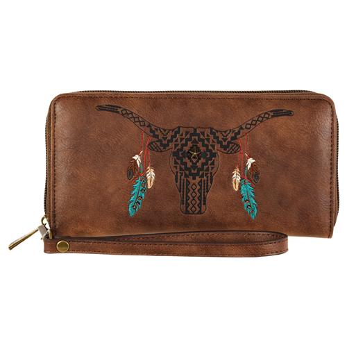CATCHFLY LADIES WRISTLET WALLET BROWN W/SOUTHWESTERN STEER SKULL AND FEATHER EMBROIDERY