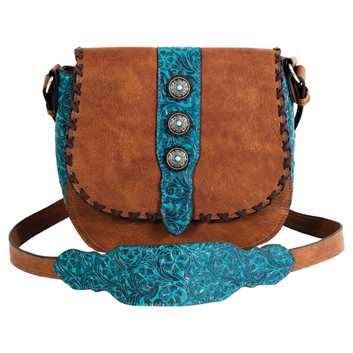 CATCHFLY LADIES SADDLE BAG TAN W/TURQUOISE FLORAL EMBOSS AND CONCHOS
