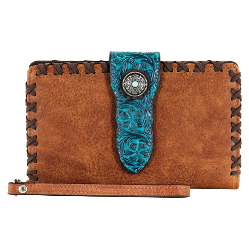 CATCHFLY LADIES SLIM WALLET TAN W/TURQUOISE FLORAL EMBOSS AND CONCHO