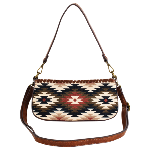 CATCHFLY LADIES MINI CONVERTIBLE BAG TAN W/AZTEC DESIGN AND WHIPSTITCH
