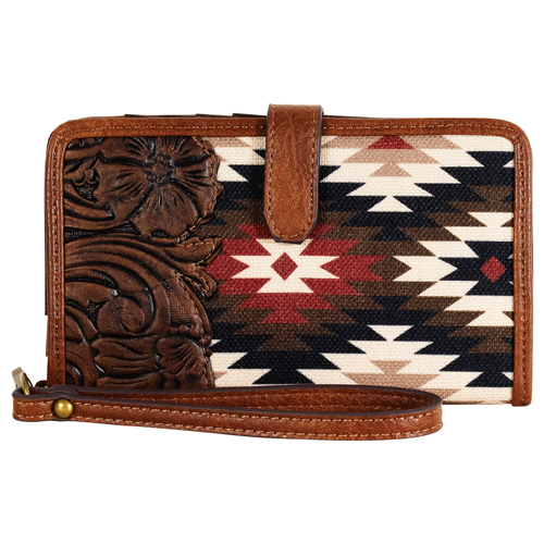 CATCHFLY LADIES SLIM WALLET TAN W/FLORAL EMBOSS AND AZTEC DESIGN