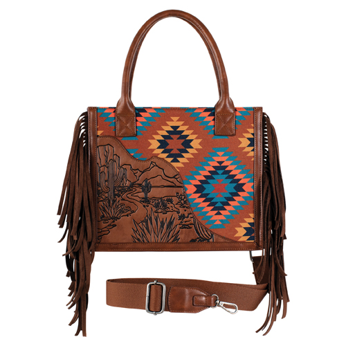 RED DIRT HAT CO LADIES MINI TOTE BROWN W/DESERT SCENE AND AZTEC PRINT