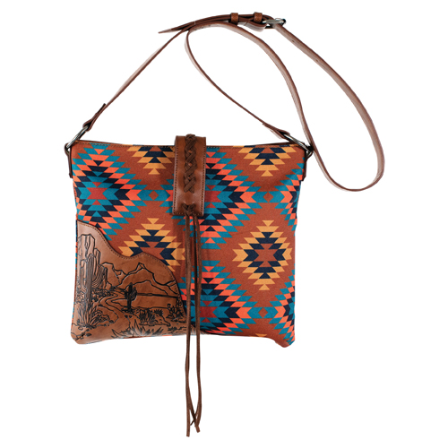 RED DIRT HAT CO LADIES CROSSBODY BROWN W/DESERT SCENE AND AZTEC PRINT