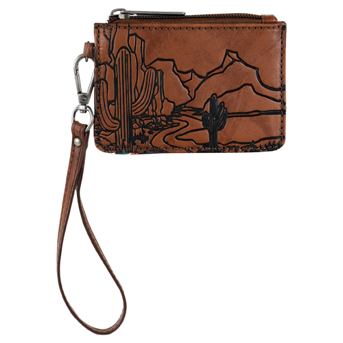 RED DIRT HAT CO LADIES MINI CARD WALLET BROWN W/DESERT SCENE AND AZTEC PRINT