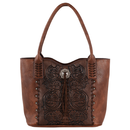 JUSTIN LADIES TOTE BROWN W/FLORAL EMBOSS AND CONCHO