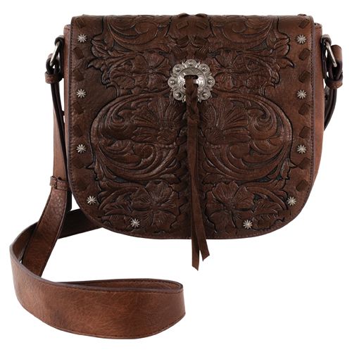 JUSTIN LADIES SADDLE BAG BROWN W/FLORAL EMBOSS AND CONCHO
