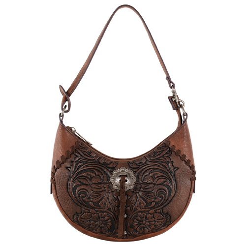 JUSTIN LADIES SHOULDER BAG BROWN W/FLORAL EMBOSS AND CONCHO