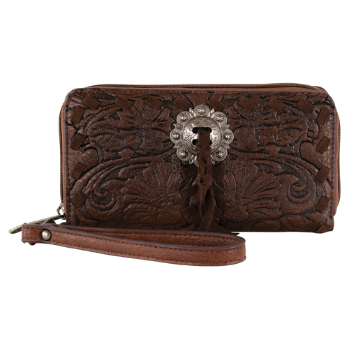 JUSTIN LADIES LARGE WALLET BROWN W/FLORAL EMBOSS AND CONCHO