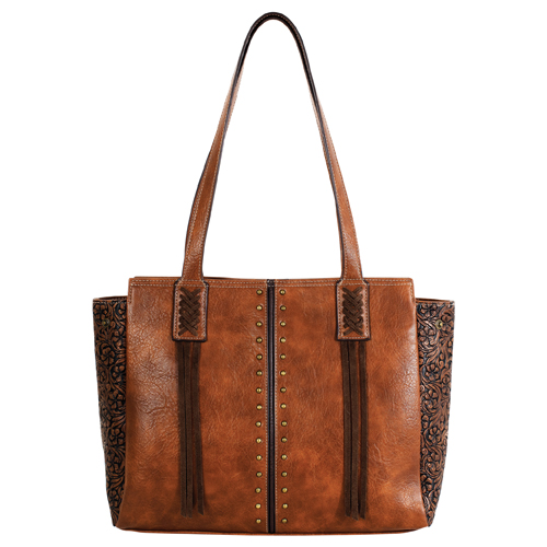 JUSTIN LADIES TOTE TAN W/FLORAL EMBOSS AND STUDS