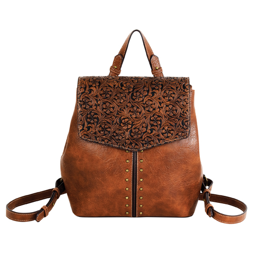 [2621855971] JUSTIN LADIES MINI BACKPACK TAN W/FLORAL EMBOSS AND STUDS