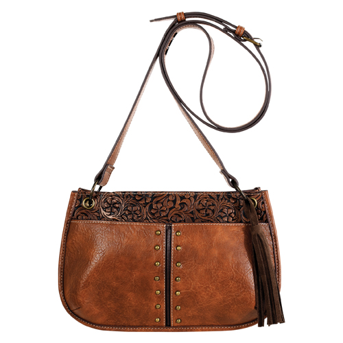 JUSTIN LADIES SHOULDER BAG TAN W/FLORAL EMBOSS AND STUDS