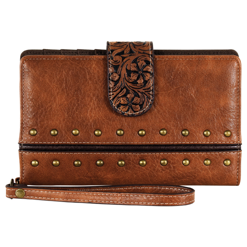 JUSTIN LADIES SLIM WALLET TAN W/STUDS AND FLORAL EMBOSS