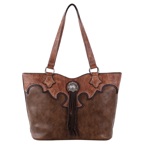 JUSTIN LADIES TOTE BROWN W/TAN YOKE AND CONCHO W/TASSEL