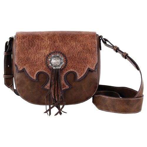 JUSTIN LADIES SADDLE BAG BROWN W/TAN YOKE AND CONCHO W/TASSEL