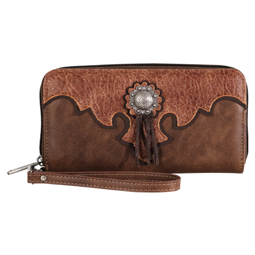 JUSTIN LADIES LARGE WALLET BROWN W/TAN YOKE AND CONCHO W/TASSEL
