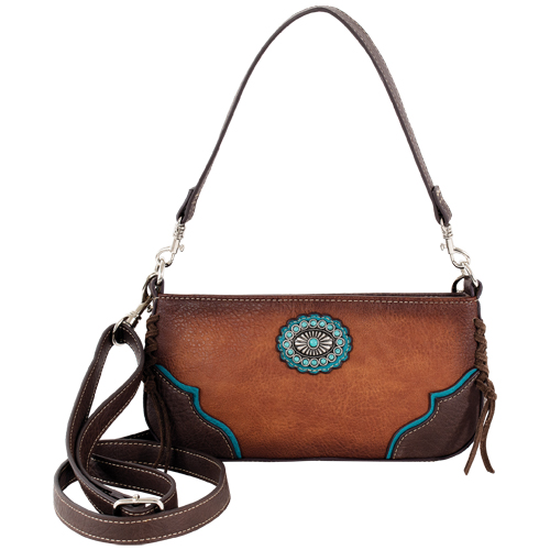 JUSTIN LADIES MINI CONVERTIBLE BAG TAN W/BROWN YOKE AND CONCHO