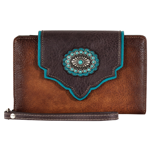 [2622475161] JUSTIN LADIES SLIM WALLET TAN W/BROWN YOKE FLAP AND CONCHO