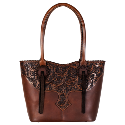 JUSTIN LADIES GENUINE LEATHER TOTE BROWN W/FLORAL TOOLED YOKE