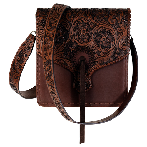 JUSTIN LADIES GENUINE LEATHER CROSSBODY BROWN W/FLORAL TOOLING AND WHIPSTITCH