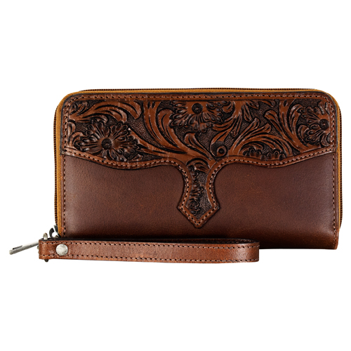 JUSTIN LADIES GENUINE LEATHER LARGE WALLET BROWN W/FLORAL TOOLED YOKE