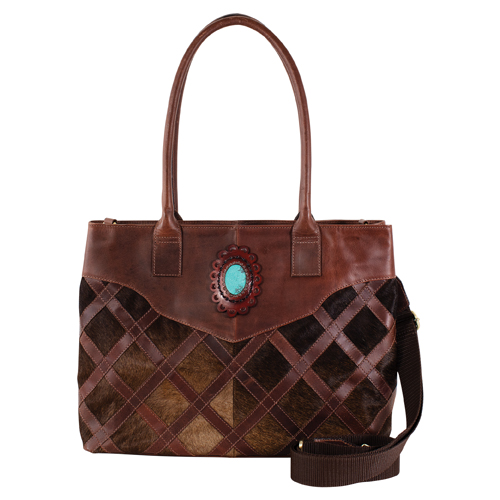 JUSTIN LADIES GENUINE LEATHER LAPTOP TOTE BROWN W/HAIR ON LATTICE-FITS 13" LAPTOP OR TABLET