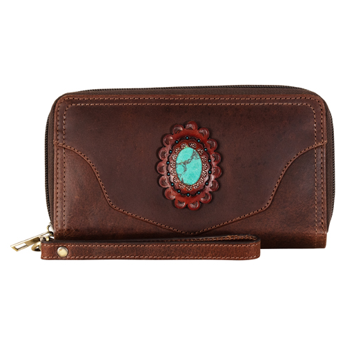 JUSTIN LADIES GENUINE LEATHER LARGE WALLET BROWN W/HAIR ON AND TURQUOISE COLORED STONE