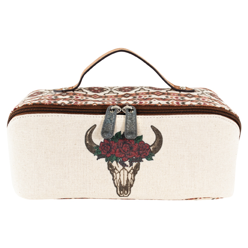 JUSTIN LADIES COSMETIC CASE CANVAS STEER SKULL AND FLOWER CROWN