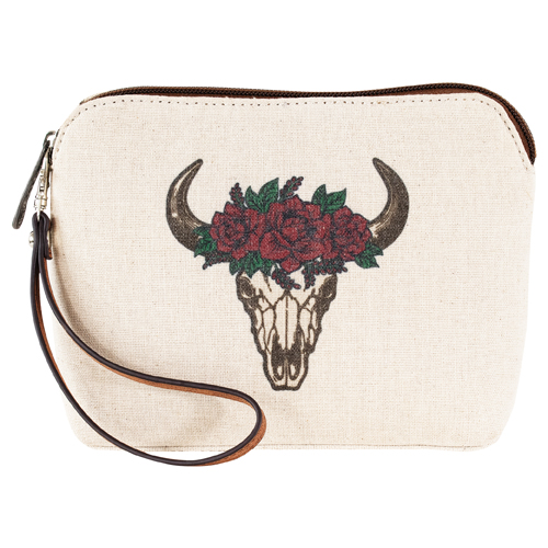JUSTIN LADIES COSMETIC POUCH CANVAS STEER SKULL AND FLOWER CROWN