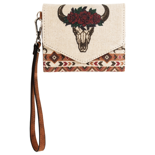 JUSTIN LADIES MINI WALLET CANVAS STEER SKULL AND FLOWER CROWN