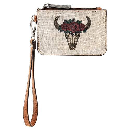 [2622756251] JUSTIN LADIES MINI CARD WALLET CANVAS STEER SKULL AND FLOWER CROWN