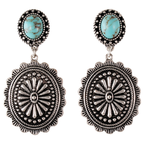 JUSTIN LADIES EARRINGS OVAL CONCHO WITH TURQUOISE COLORED STONE
