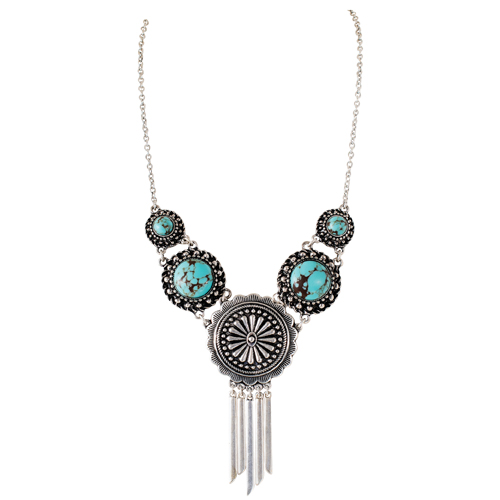 JUSTIN LADIES NECKLACE CONCHO W/DANGLES AND TURQUOISE COLORED STONE PENDANTS