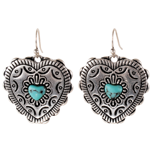 JUSTIN LADIES EARRINGS HEART PENDANT WITH TURQUOISE COLORED STONE