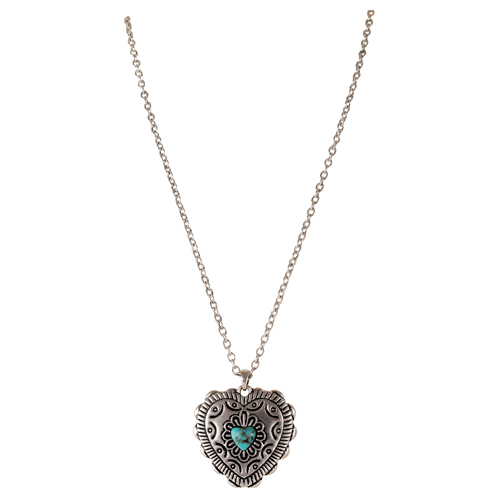 JUSTIN LADIES NECKLACE HEART PENDANT WITH TURQUOISE COLORED STONE
