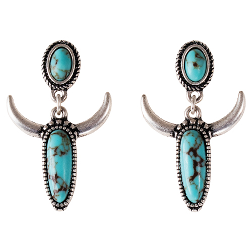 [262197EJ1] JUSTIN LADIES EARRINGS STEER HEAD WITH TURQUOISE COLORED STONES