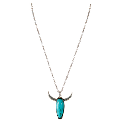 JUSTIN LADIES NECKLACE STEER HEAD PENDANT W/TURQUOISE COLORED STONE