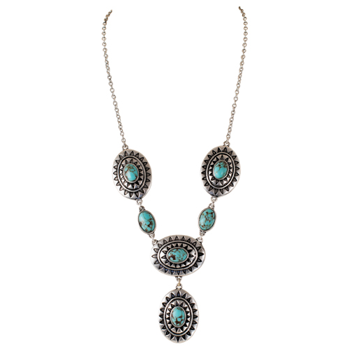 JUSTIN LADIES NECKLACE OVAL CONCHO W/GEOMETRIC DESIGN AND TURQUOISE COLORED STONES LARIAT